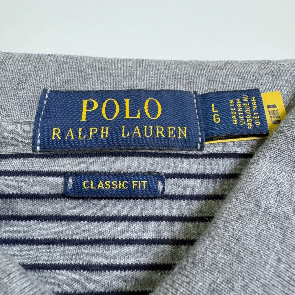 Polo Ralph Lauren Polo Shirt Large Grey Navy Striped Classic Fit Cotton Pony